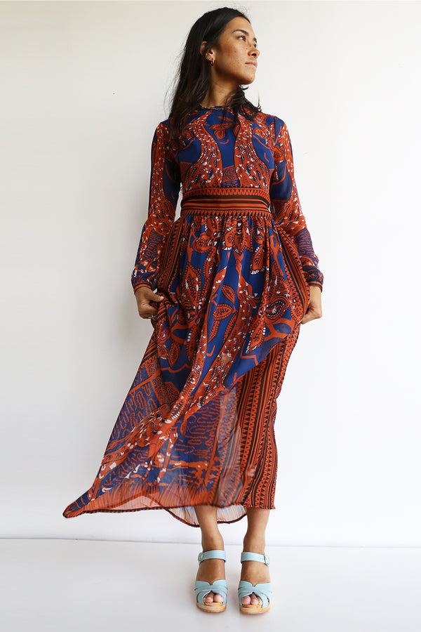 funkis preloved long dress brown,navy & cream