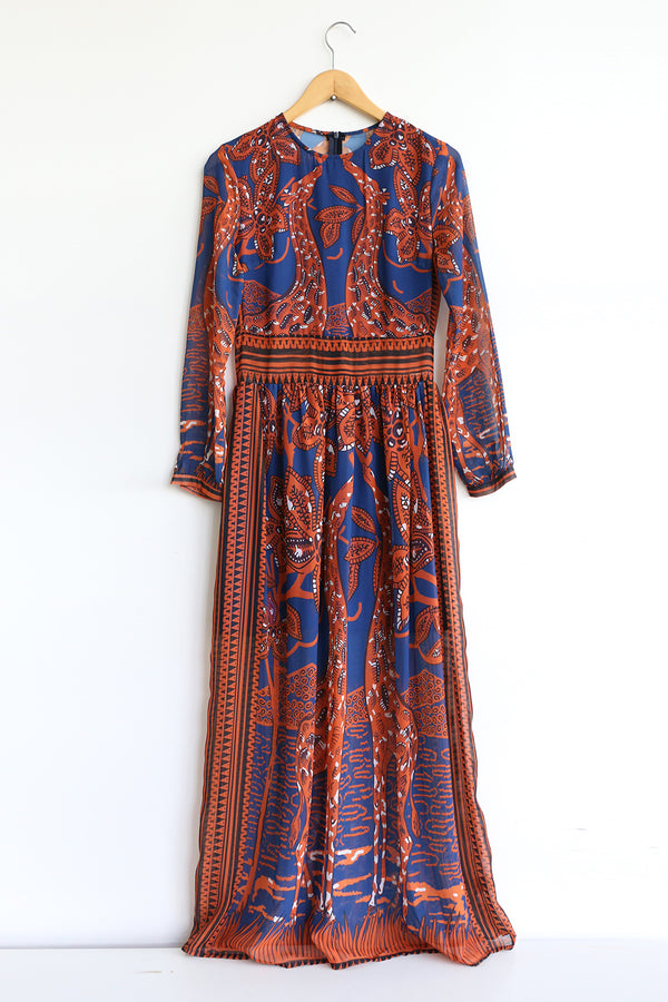 funkis preloved long dress brown,navy & cream