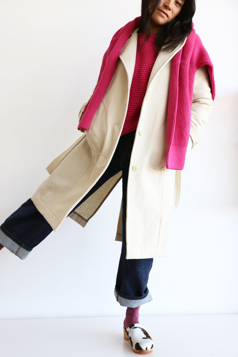 funkis long paired back trench coat vanilla